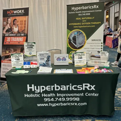 Custom Rectangle Table Covers - This was our table at the Holistic Health and Healing Expo - the table cover and banner came out better than expected We decided to do the show last minute Everything arrived before the show and your company was great to work with Very happy - will order again Have already recommended to colleagues