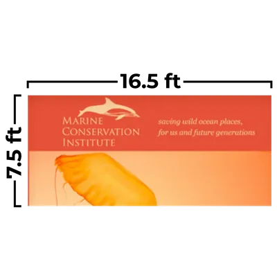 This is a horizontal trade show banner featuring the text 'MARINE CONSERVATION INSTITUTE' and the slogan 'saving wild ocean places, for us and future generations,' set against an orange background with a jellyfish image.