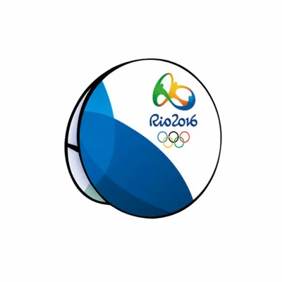 A round, promotional button features the Rio 2016 Olympic logo with colorful rings and stylized design, representing the event's branding.