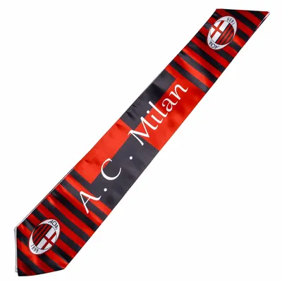 Red and black striped custom rally towel with 'A.C. Milan' text and logo, likely representing sports team merchandise. Red and black striped custom rally towel with 'A.C. Milan' text and logo, likely representing sports team merchandise.