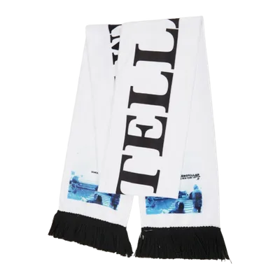 White custom rally towel with fringe, featuring a blue logo and phrase printed in black letters on it. White custom rally towel with fringe, featuring a blue logo and phrase printed in black letters on it.