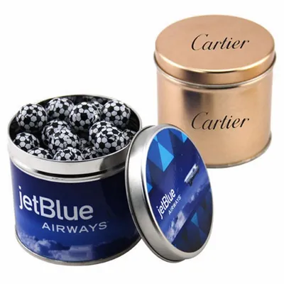 Round Tin with Chocolate Soccer Balls - SBF4100 - Custom Cups Now