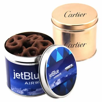 Round Tin with Choc Covered Pretzels - Custom Cups Now
