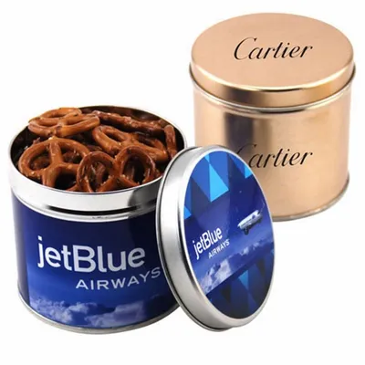 Round Tin with Mini Pretzels - Custom Cups Now