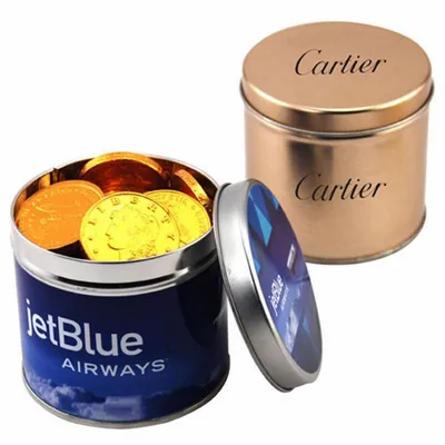Round Tin with Chocolate Coins - Custom Cups Now