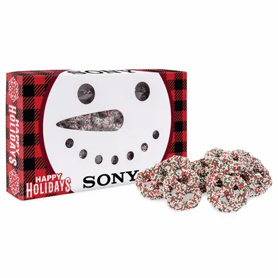 Snowman Die Cut Box with Milk Chocolate Christmas Mini Pretzels - Custom Cups Now