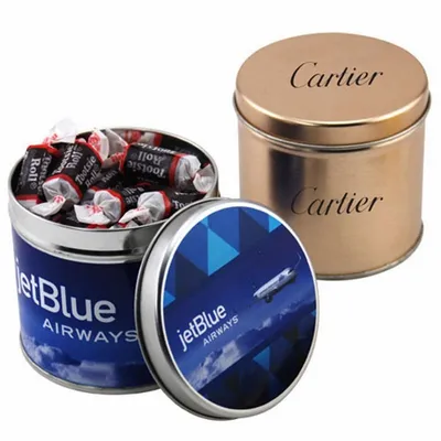Round Tin with Tootsie Rolls - Custom Cups Now