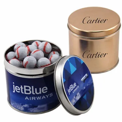 Round Tin with Chocolate Baseballs - SBF4100 - Custom Cups Now