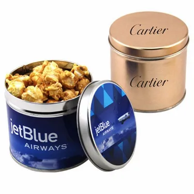 Round Tin with Caramel Popcorn - Custom Cups Now