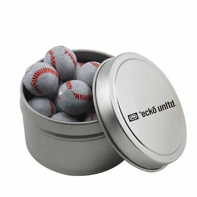 Round Tin with Chocolate Baseballs - SBF3100 - Custom Cups Now
