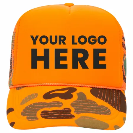 Otto 49-131 5-Panel High Crown Foam Trucker Hat - Neon Camo - Custom Cups Now