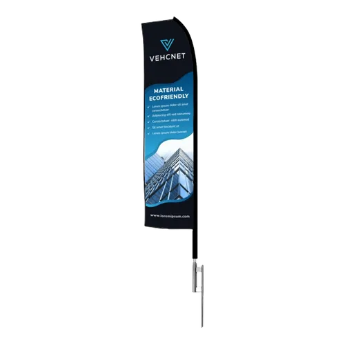 This is a vertically oriented, teardrop-shaped advertising banner mounted on a pole, displaying a logo, text, and an image of a building. The banner promotes eco-friendly materials.