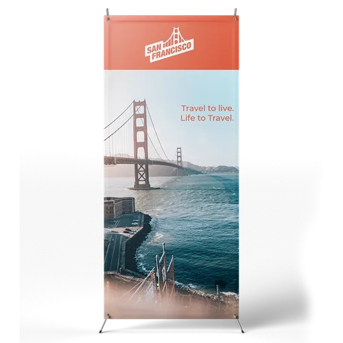 This is a vertical banner featuring the Golden Gate Bridge with the text 'SAN FRANCISCO - Travel to live. Life to Travel.'.