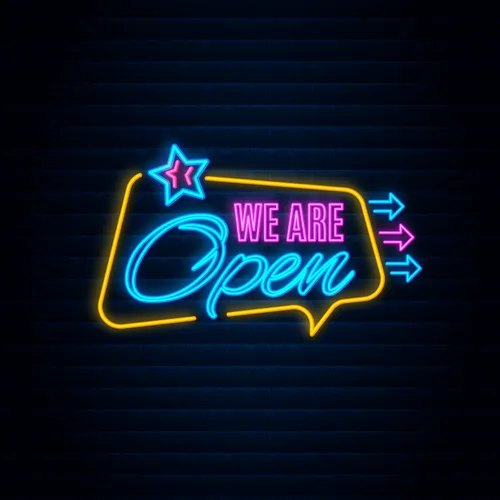 We are Open This Way Neon Sign - Custom Cups Now