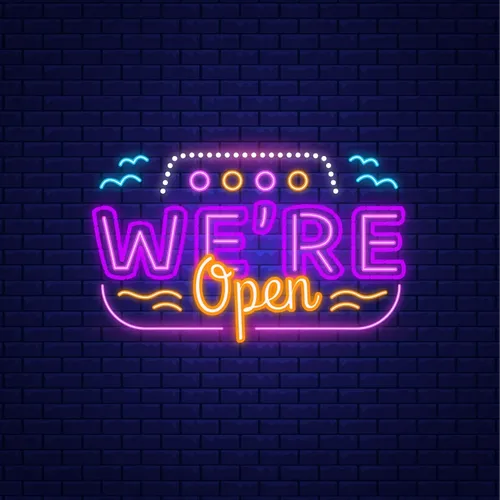We're Open with Wave Lines Neon Sign - Custom Cups Now