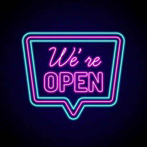 We're Open Neon Sign - Custom Cups Now