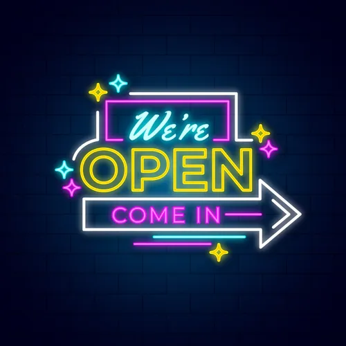 We're Open Come In Neon Sign - Custom Cups Now