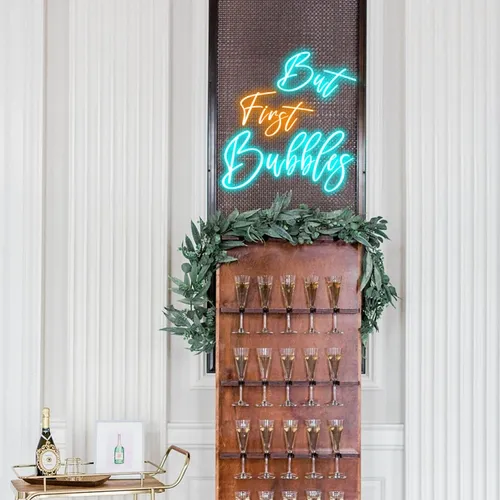 But First Bubbles Wedding Party Neon Sign - Custom Cups Now