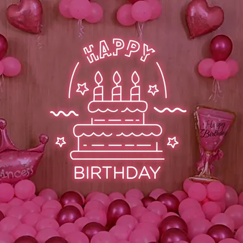 Big Happy Birthday Text with Cake Neon Sign - Custom Cups Now