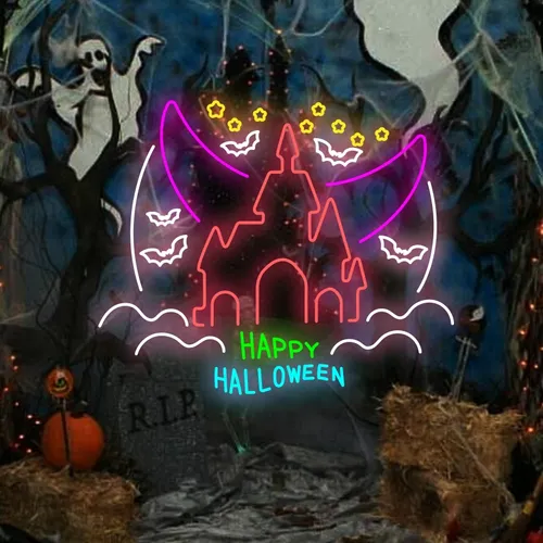 Happy Halloween Castle Neon Sign - Custom Cups Now