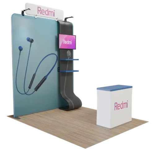 Custom Media Display with TV Stand Tension Fabric 8' x 8' - Custom Cups Now