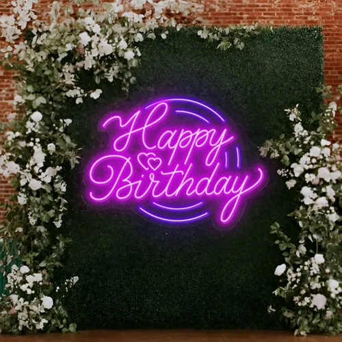 Happy Birthday Purplish Neon Sign - Custom Cups Now