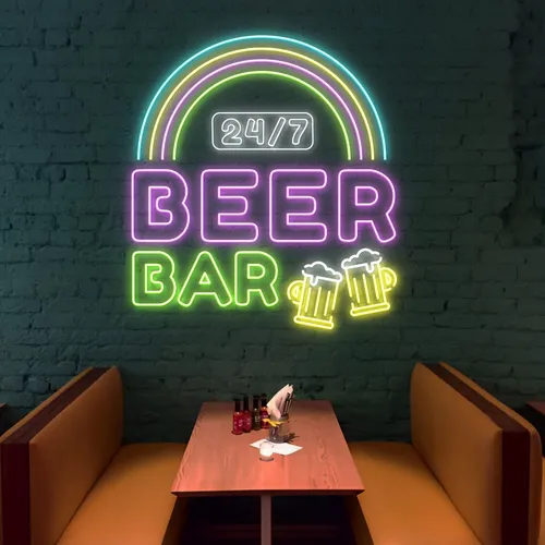 24/7 Rainbow Beer Bar Neon Sign - Custom Cups Now