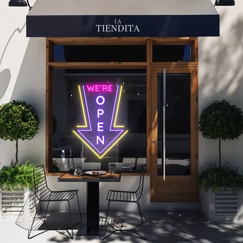 We're Open Vertical Neon Sign - Custom Cups Now