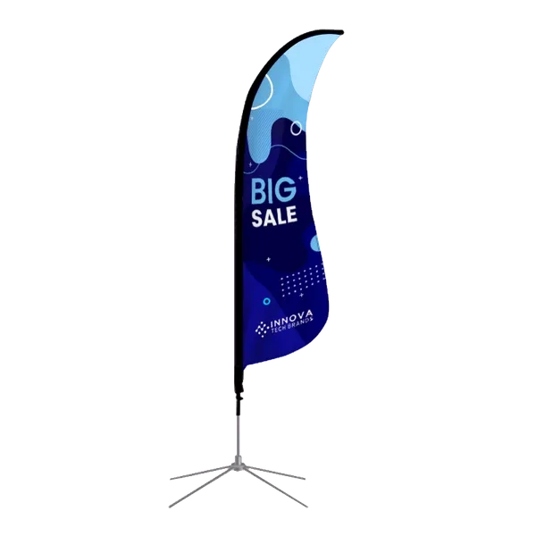 A teardrop promotional banner stands on a cross base, displaying 'BIG SALE' with a blue abstract background including a company logo 'innoxa.'