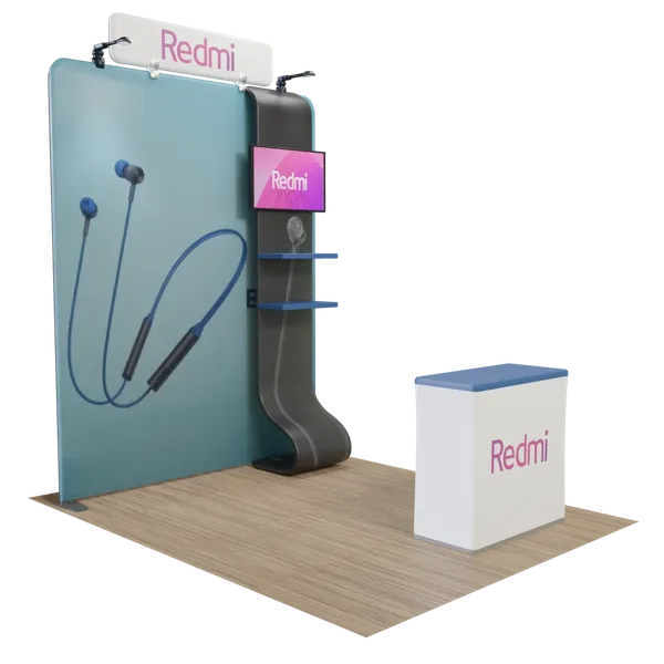 Custom Media Display with TV Stand Tension Fabric 8' x 8' - Custom Cups Now