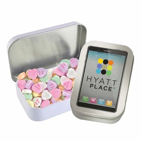 Rectangular Tin - Imprinted Conversation Hearts - Custom Cups Now