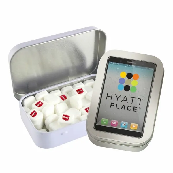 Rectangular Tin with Imprinted Square Mints - Custom Cups Now