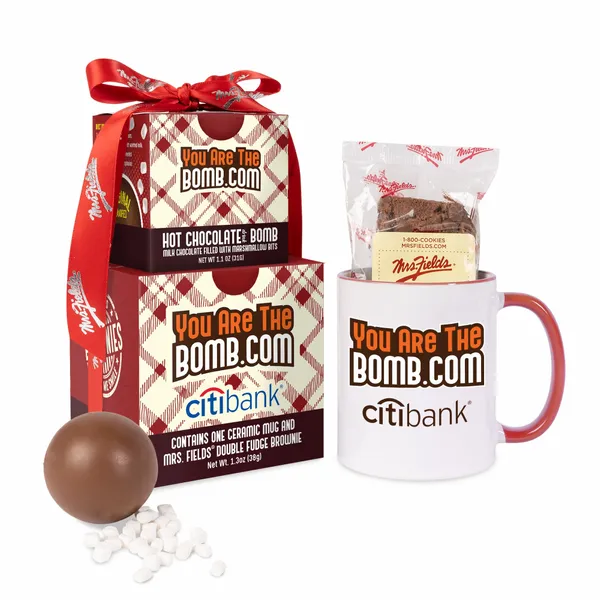 Mrs. Fields Mug, Brownie, Hot Chocolate Bomb Gift Set - Custom Cups Now