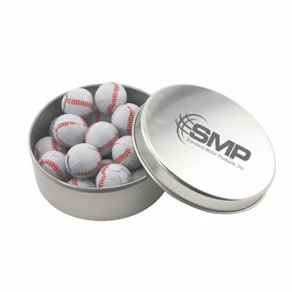 Round Tin with Chocolate Baseballs - SBF3000 - Custom Cups Now